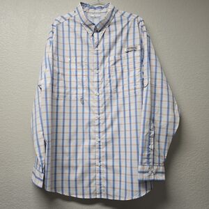 Columbia Men's PFG Blue and Orange Plaid Long Sleeve Button Down Fishing Shirt